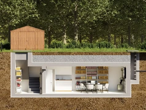 Moderner unterirdischer Bunker mit geöffneter Stahltür